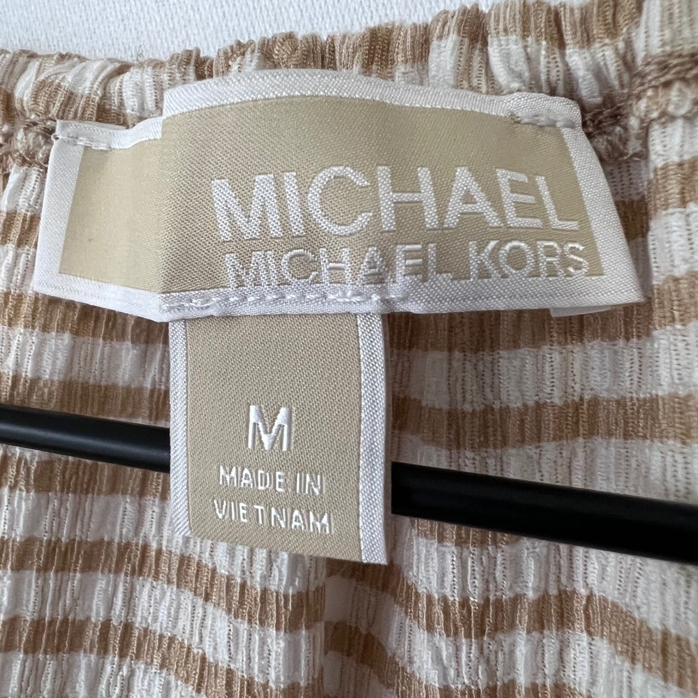 Michael Kors Dress Womens Medium Tan Gingham Check Seersucker Ruffle Cottagecore - Picture 4 of 11